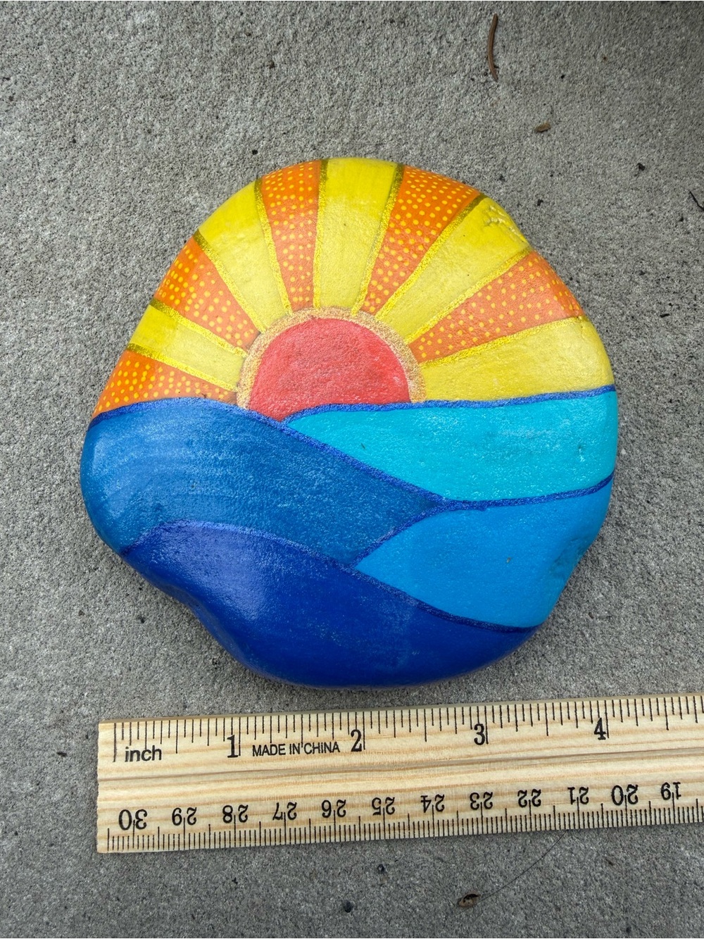 Hand-Painted Sunrise Ocean Rock - Yellow, Orange, Blue